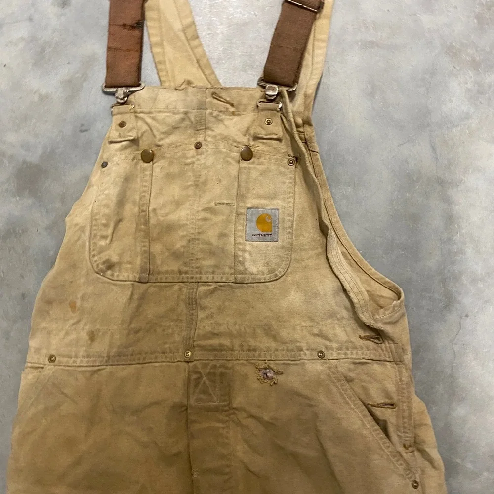 Vintage Carhartt Distressed Duck Canvas Quilt Lined Bib Overalls Tan Brown Mens - Picture 3 of 4